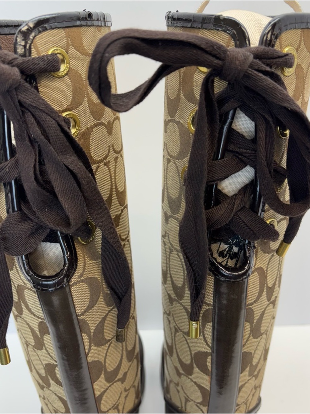Coach Tristee Tall Rain Boot Brown Signature Jacquard Equestrian Corset Lace 8 B - Picture 7 of 11